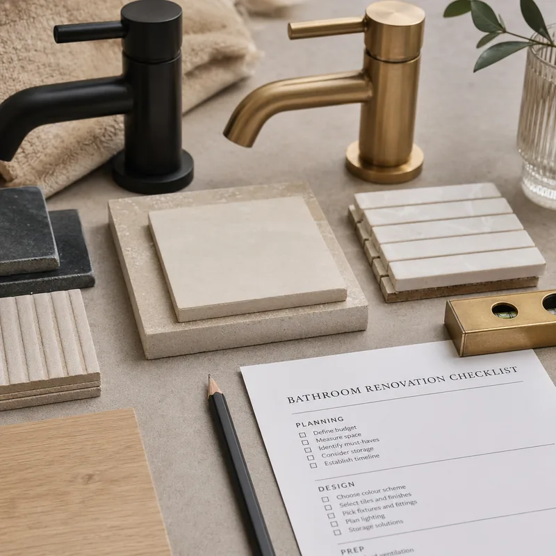 Bathroom renovation checklist with tile and fitting samples
