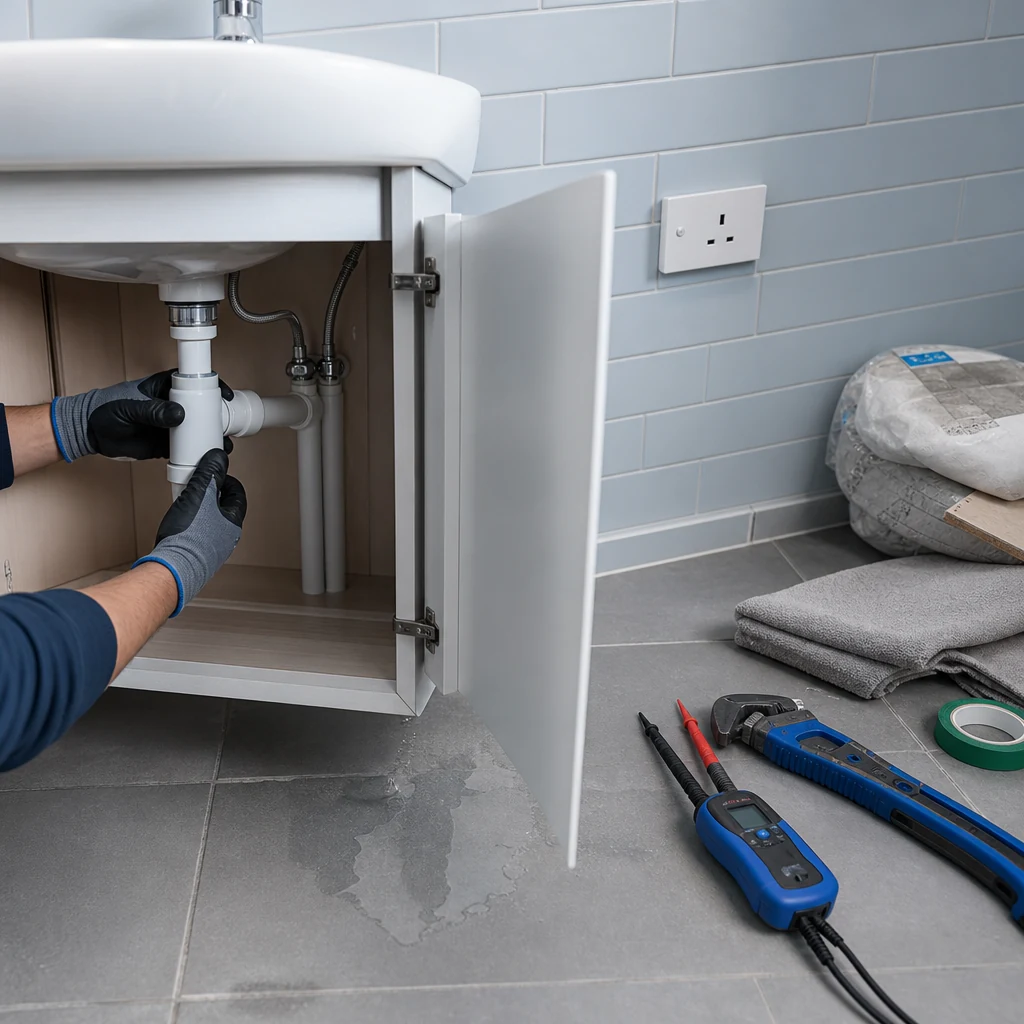 Bathroom leak near an electrical outlet with tools ready for inspection.