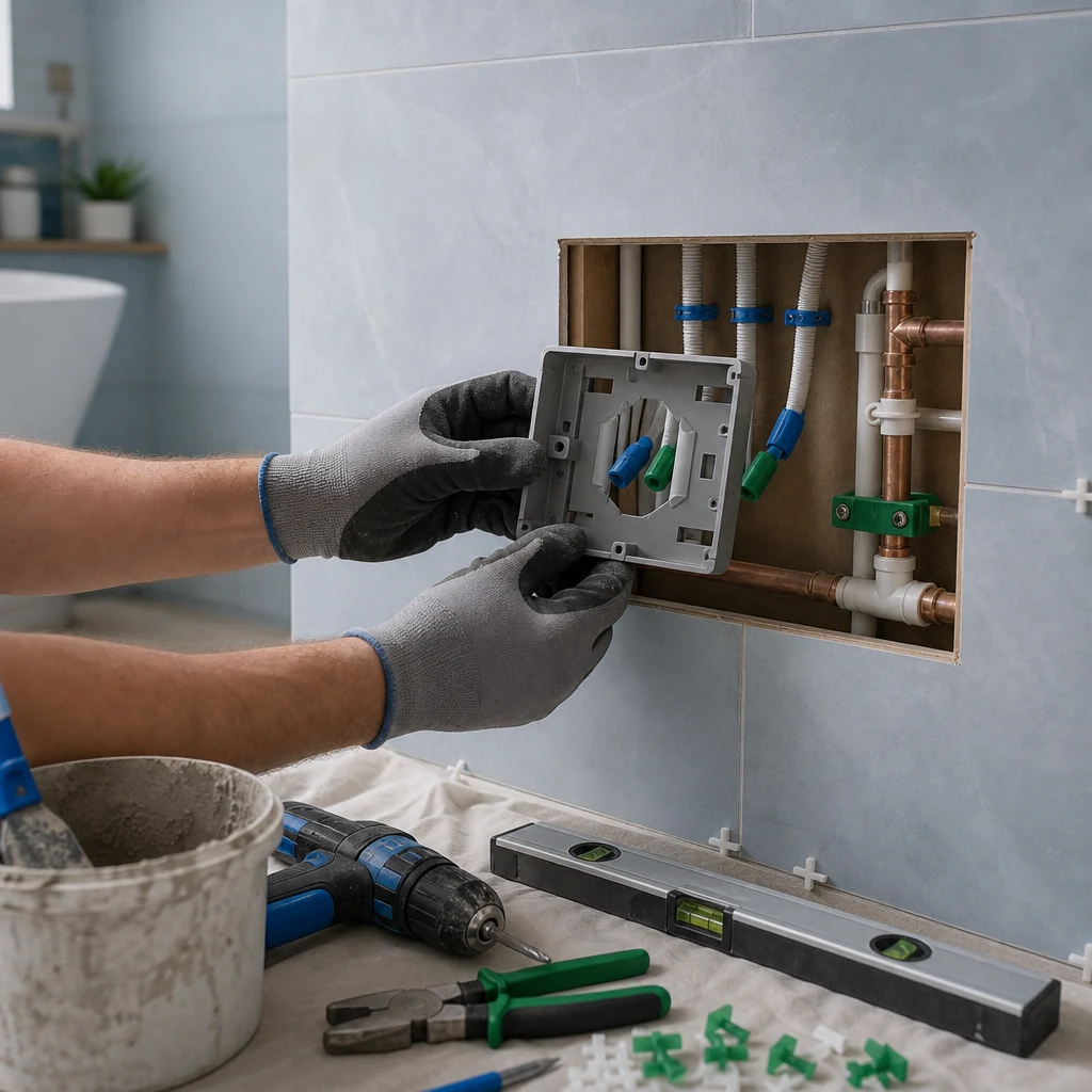Bathroom renovation wall with smart control wiring being checked.