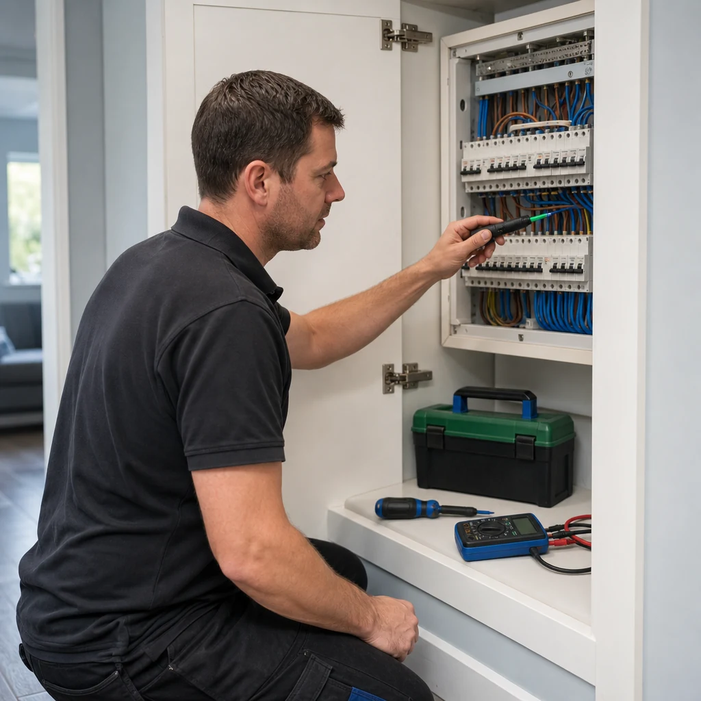 Electrician testing a domestic consumer unit after repeated trips
