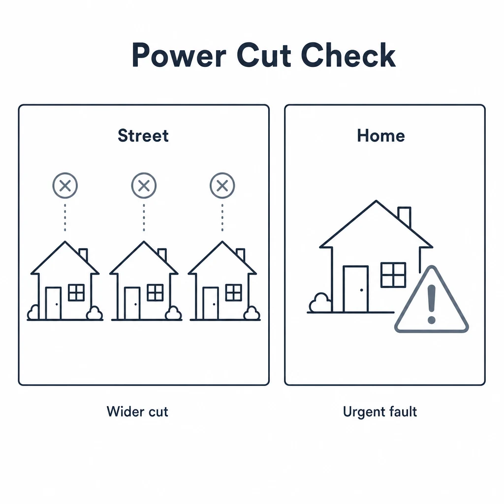 Graphic comparing a wider power cut with a single home fault.