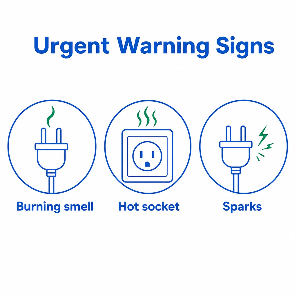 Graphic showing burning smell, hot socket and sparks as urgent warning signs