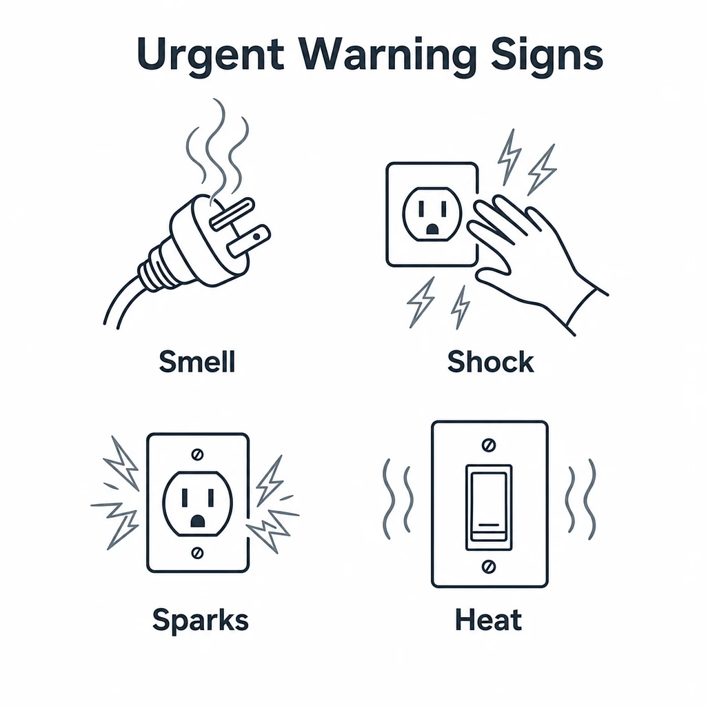 Graphic showing warning signs including smell, shock, sparks and heat.