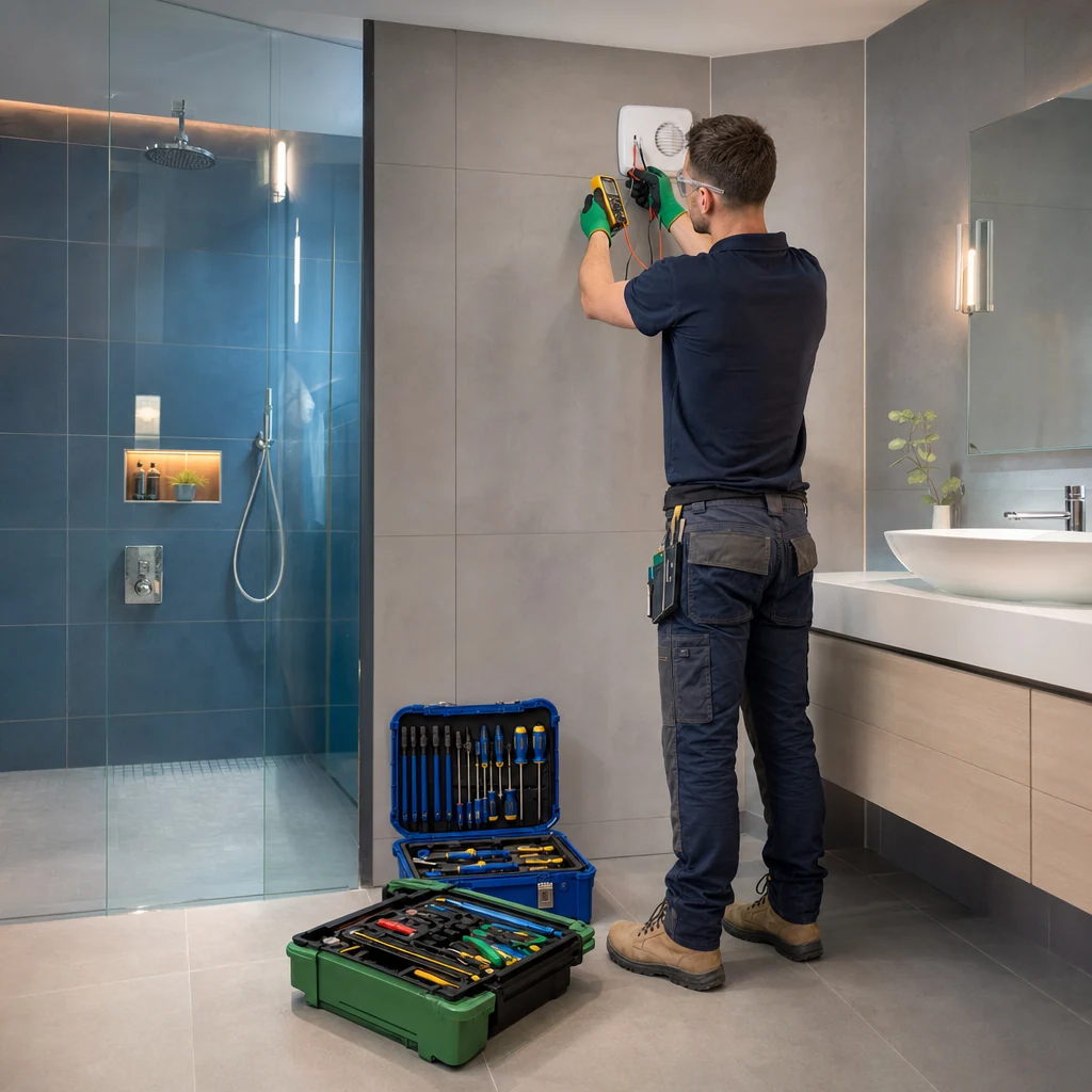Tradesperson checking bathroom electrics safely near wet areas