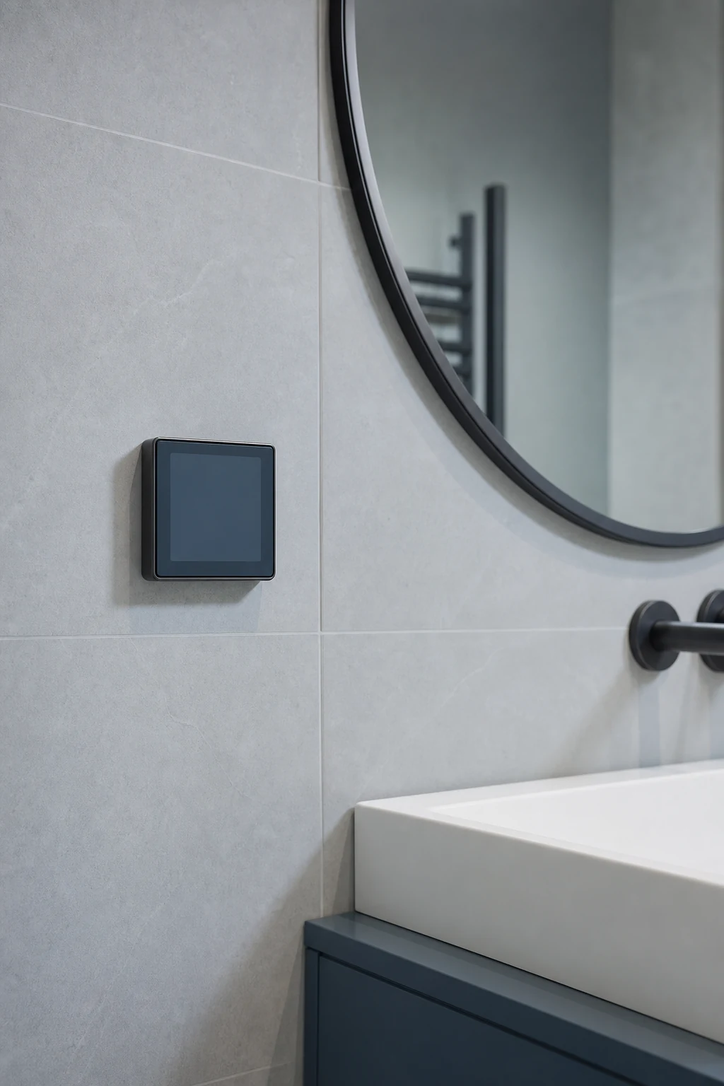 Smart wall control beside a clean modern bathroom basin
